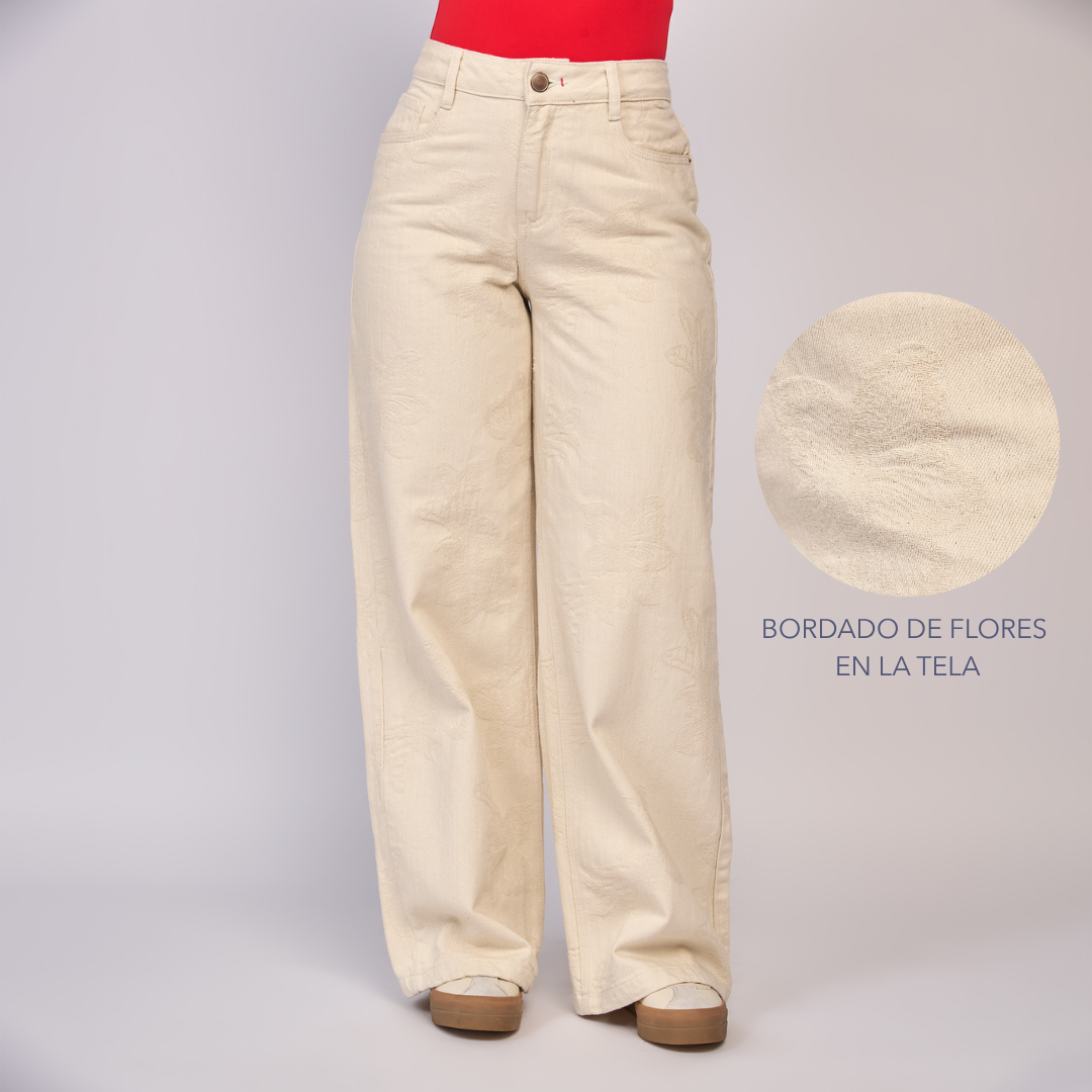 Ref: 552867 Jean dama wide leg tiro alto rígido con bordado floral, color ivory