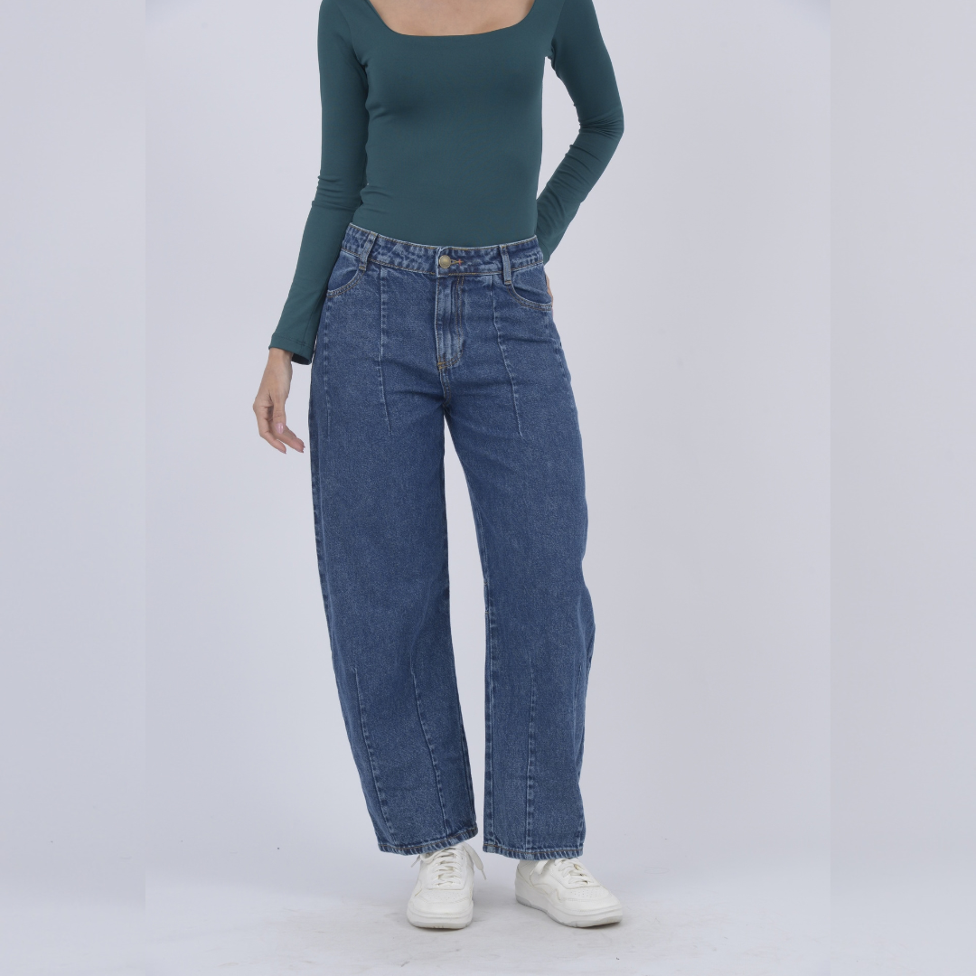 REF: 552890 Jean dama Barrel Straight rígido con detalle de costuras, color Azul medio