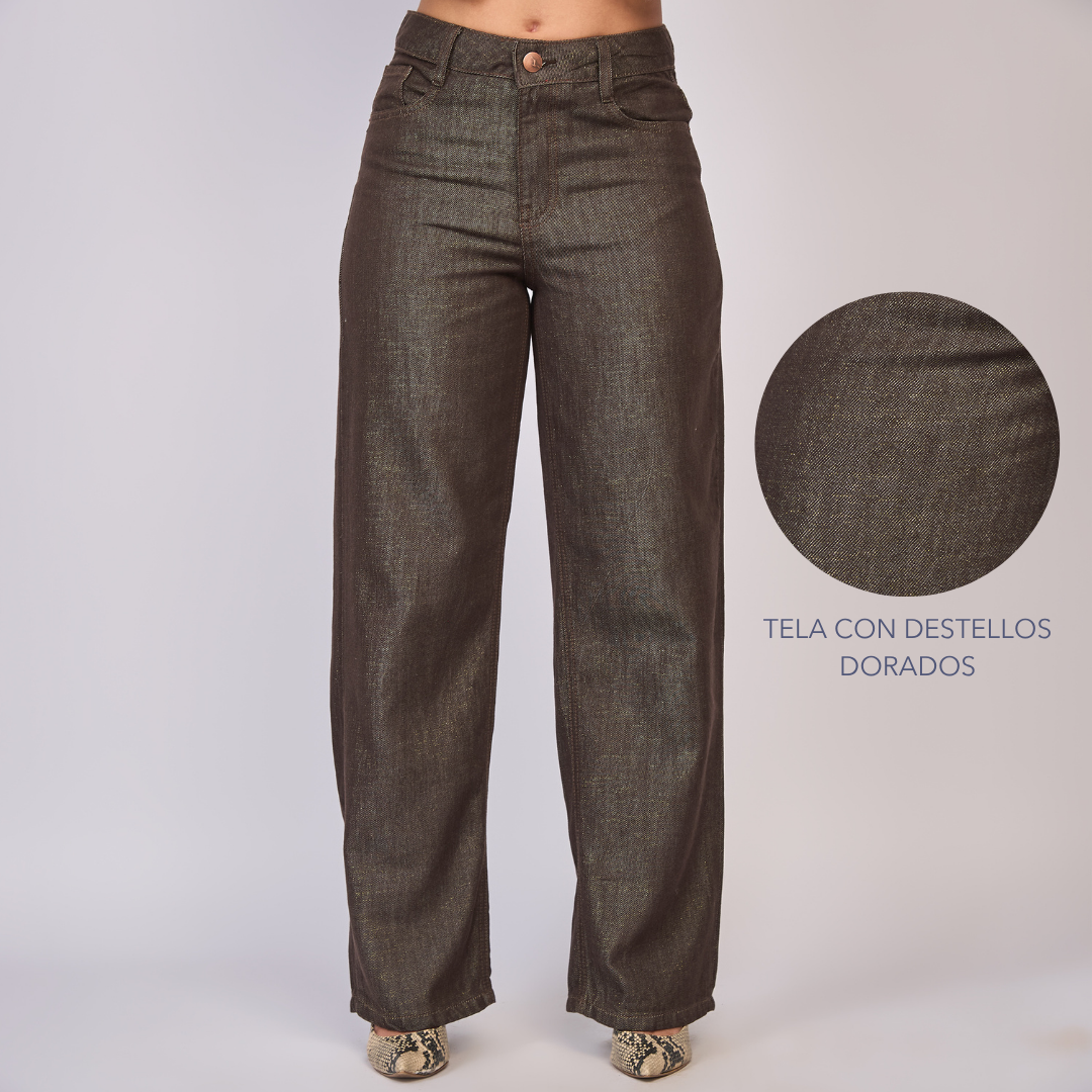Ref: 552850 Jean dama straight tiro alto rígido con destellos metalizados, color Café