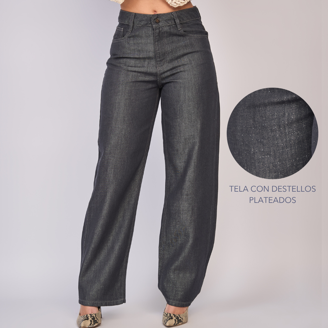 Ref: 552850 Jean dama straight tiro alto rígido con destellos metalizados, color Gris oscuro