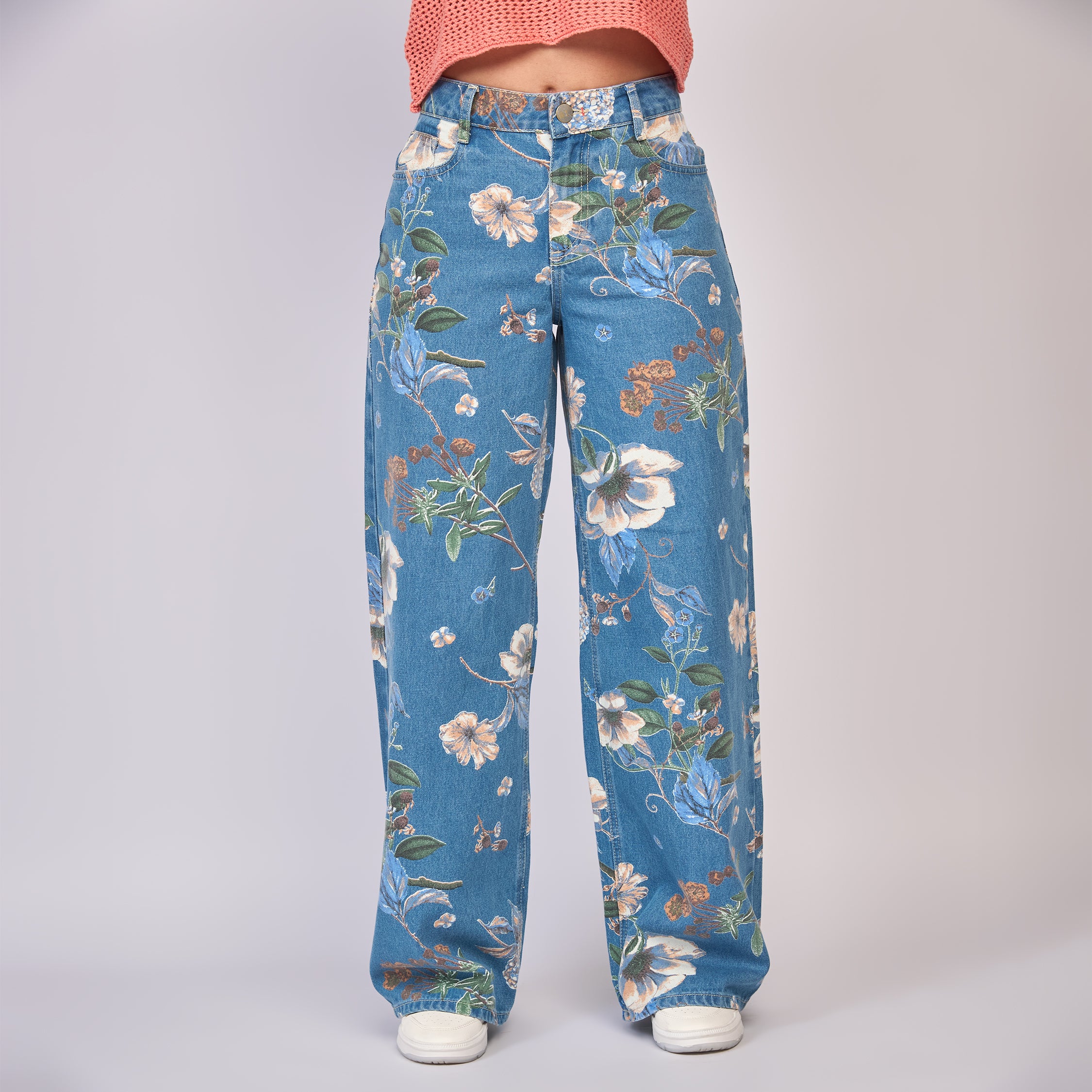 Ref: 552825 Jean dama wide leg tiro alto rígido con estampado floral, color Azul medio