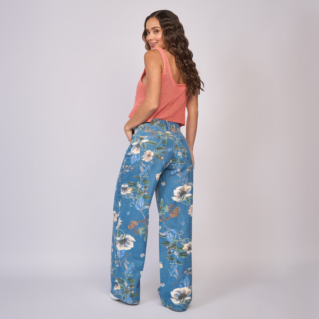Ref: 552825 Jean dama wide leg tiro alto rígido con estampado floral, color Azul medio