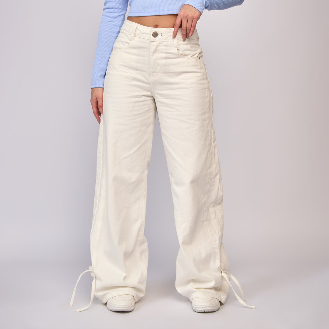 Ref: 552833 Jean dama wide leg tiro alto rígido con cordón en bota, color Ivory