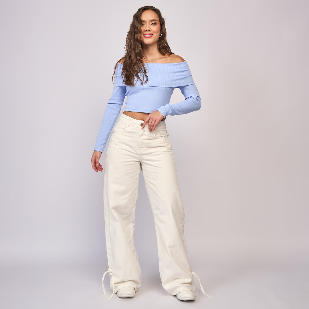 Ref: 552833 Jean dama wide leg tiro alto rígido con cordón en bota, color Ivory