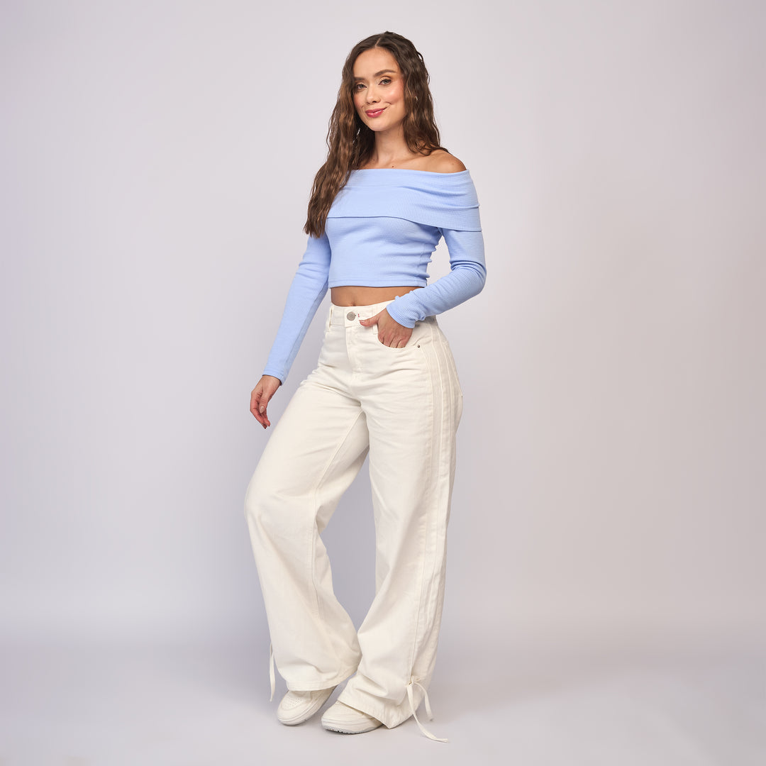 Ref: 552833 Jean dama wide leg tiro alto rígido con cordón en bota, color Ivory