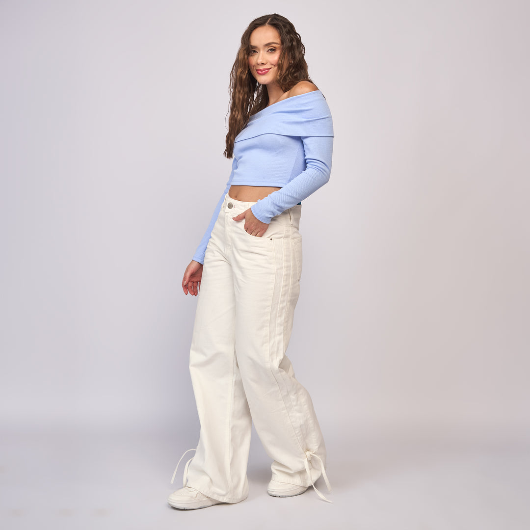 Ref: 552833 Jean dama wide leg tiro alto rígido con cordón en bota, color Ivory