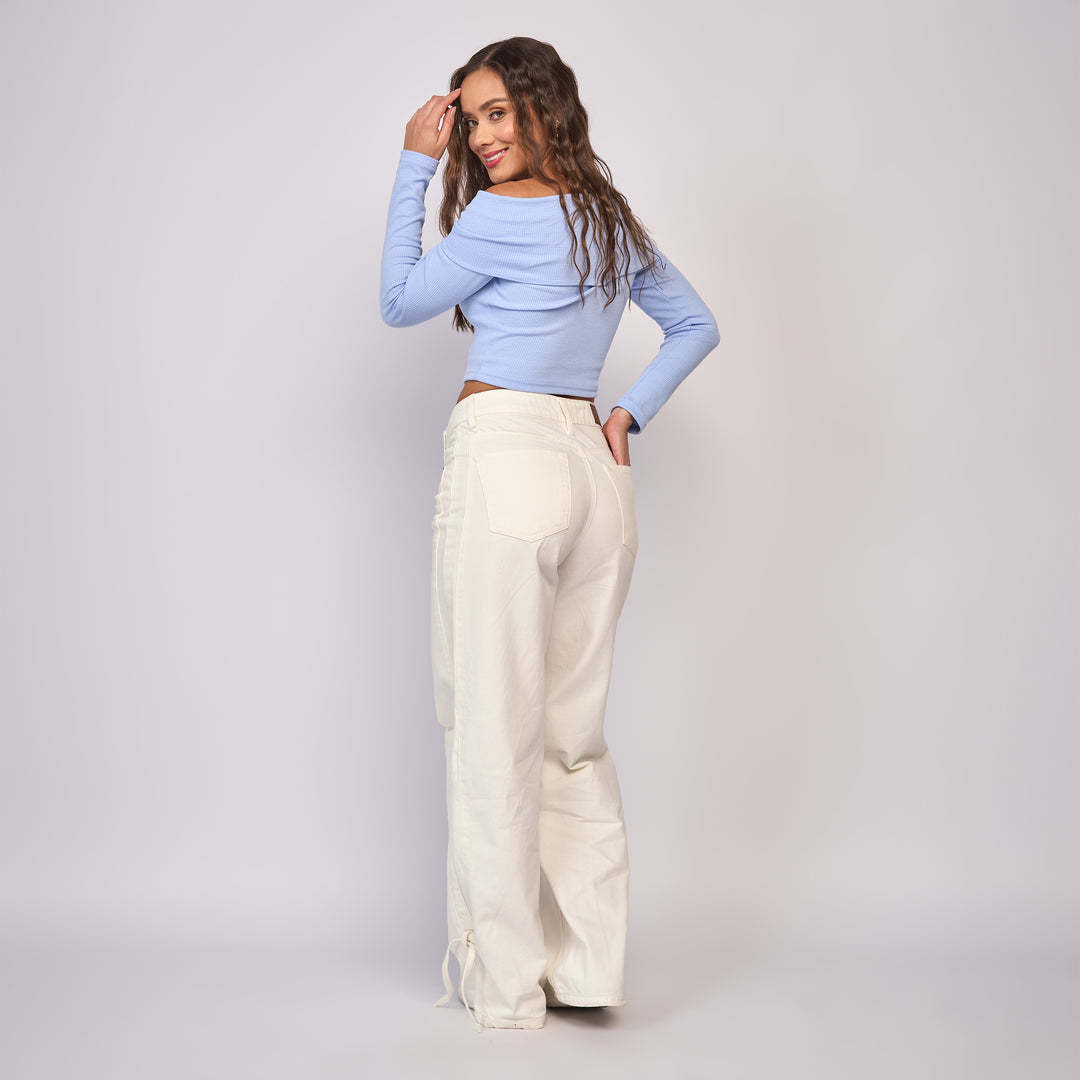 Ref: 552833 Jean dama wide leg tiro alto rígido con cordón en bota, color Ivory