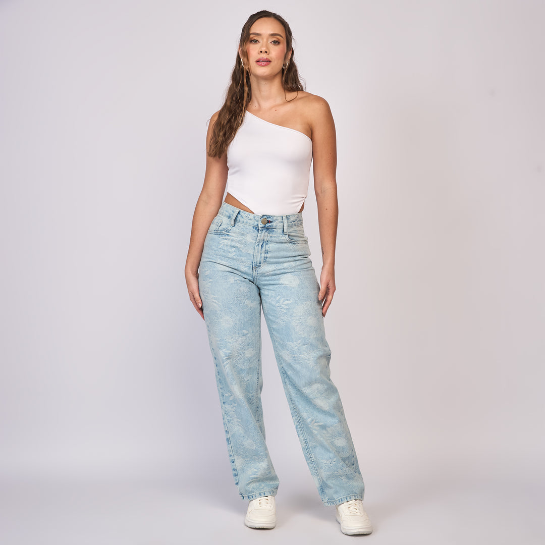 REF: 552852 Jean dama straight tiro alto rígido con flores bordadas, color Azul claro