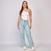 REF: 552852 Jean dama straight tiro alto rígido con flores bordadas, color Azul claro