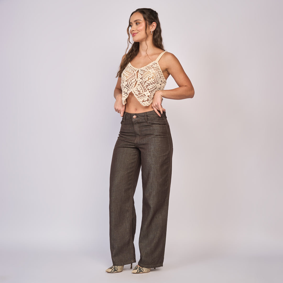 Ref: 552850 Jean dama straight tiro alto rígido con destellos metalizados, color Café