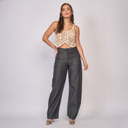 Ref: 552850 Jean dama straight tiro alto rígido con destellos metalizados, color Gris oscuro
