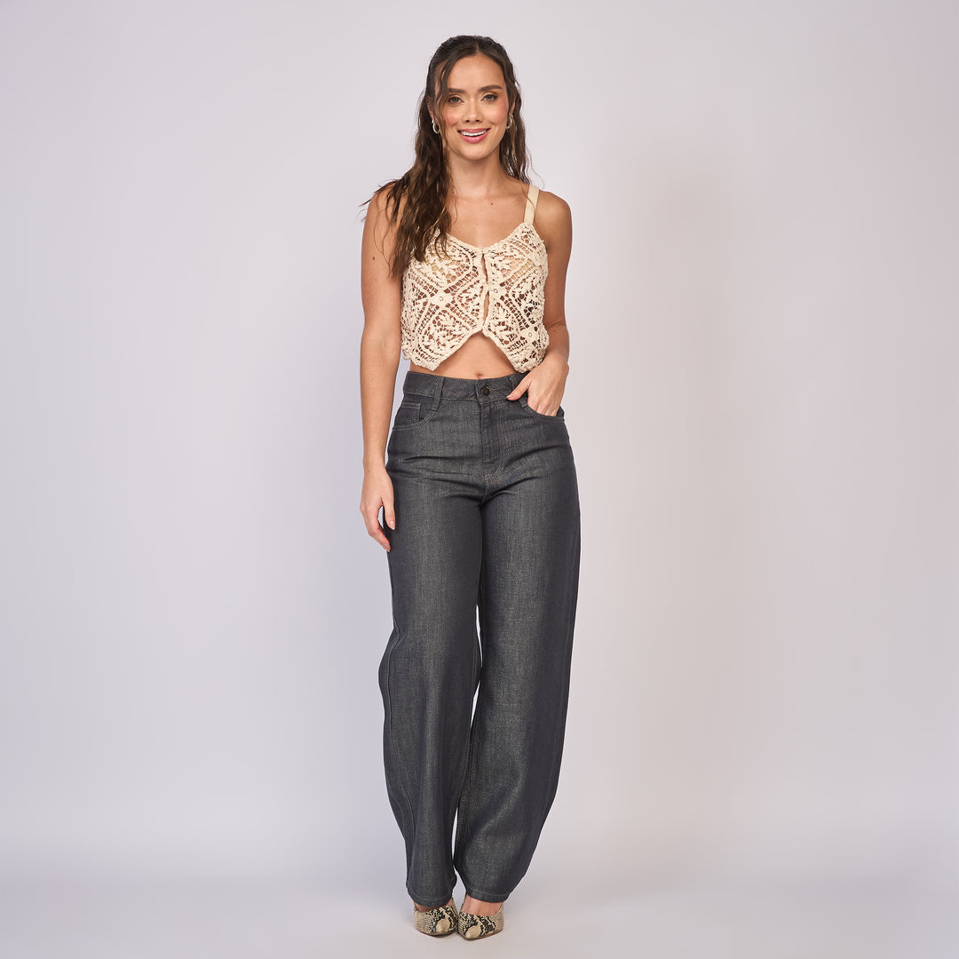 Ref: 552850 Jean dama straight tiro alto rígido con destellos metalizados, color Gris oscuro