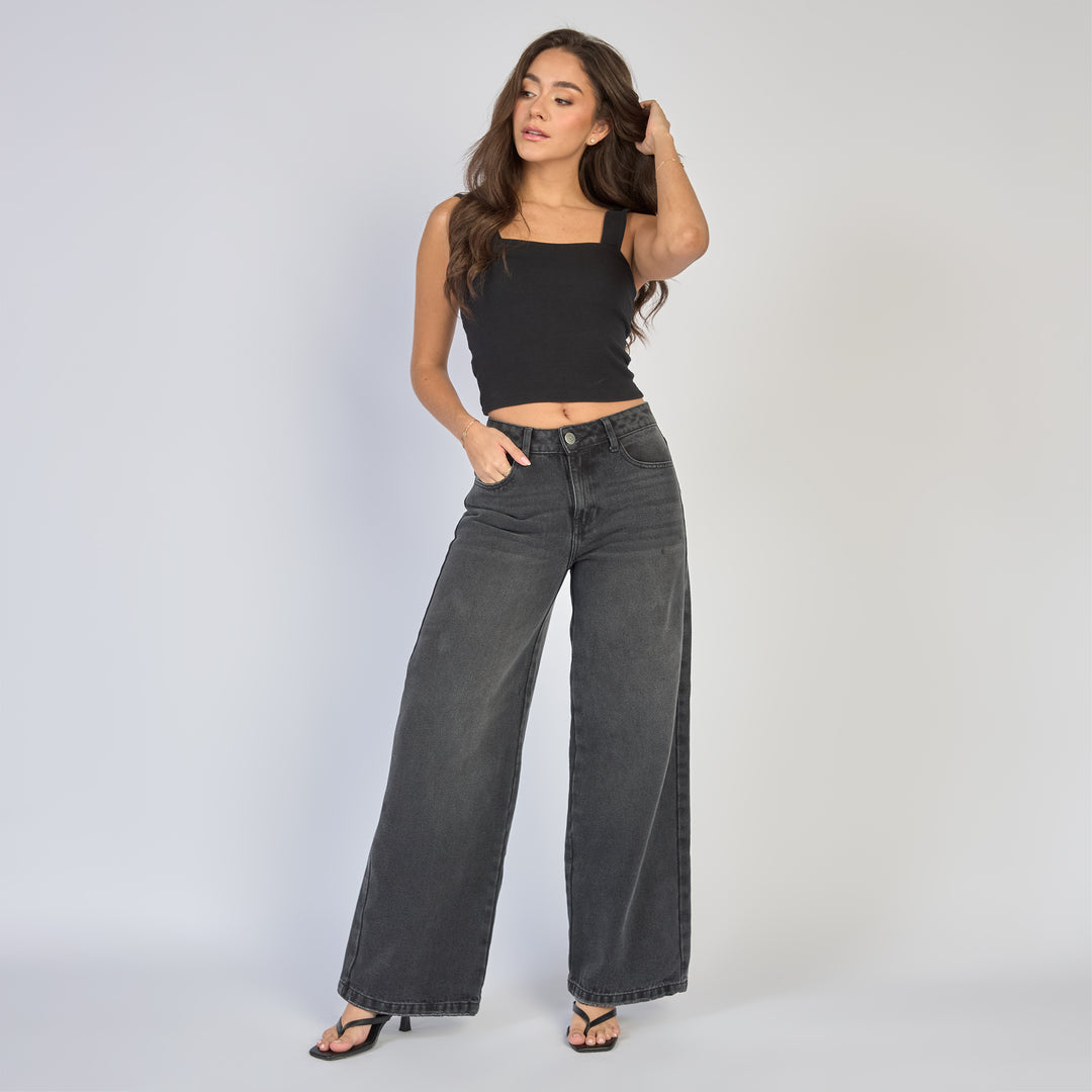 Ref: 552871 Jean dama wide leg tiro alto rígido, color Gris oscuro