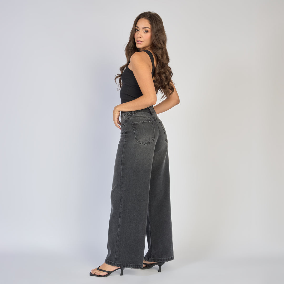 Ref: 552871 Jean dama wide leg tiro alto rígido, color Gris oscuro