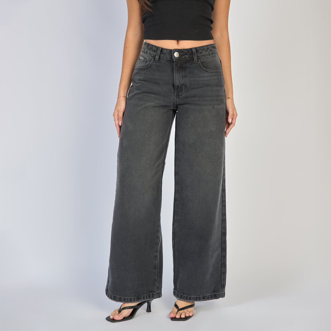 Ref: 552871 Jean dama wide leg tiro alto rígido, color Gris oscuro