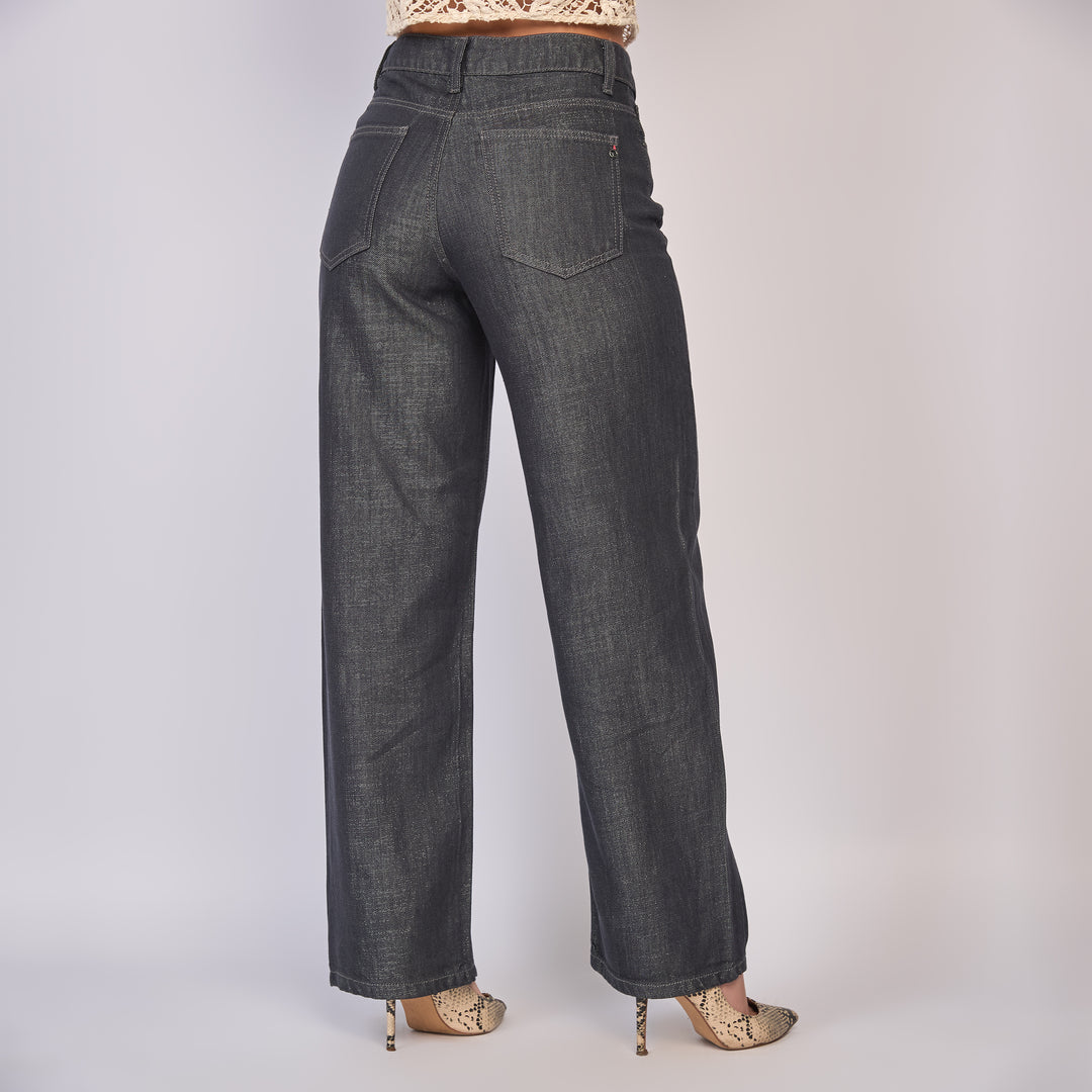 Ref: 552850 Jean dama straight tiro alto rígido con destellos metalizados, color Gris oscuro