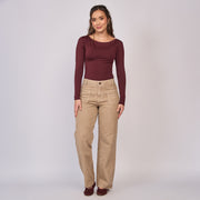REF: 552837 Jean dama straight tiro alto rígido con bolsillos cuadrados, color Kaki