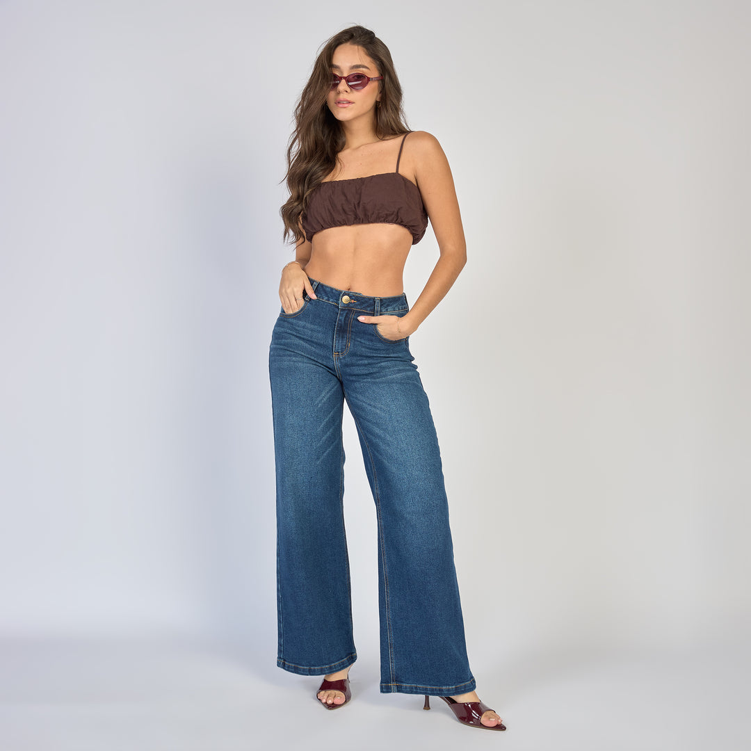 Ref: 552868 Jean dama wide leg tiro alto licrado, color Azul oscuro