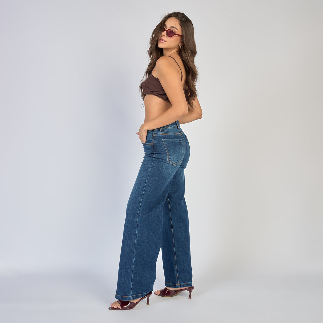 Ref: 552868 Jean dama wide leg tiro alto licrado, color Azul oscuro