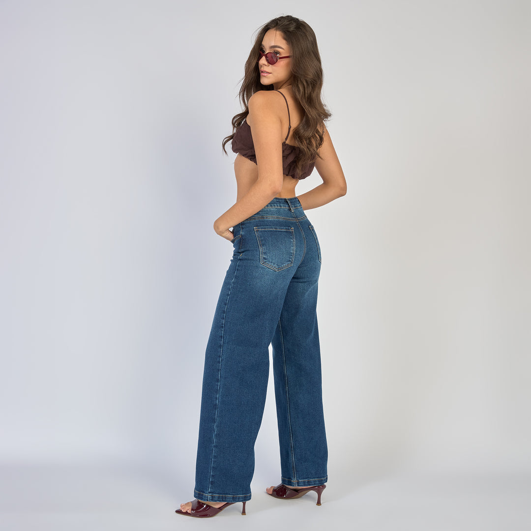 Ref: 552868 Jean dama wide leg tiro alto licrado, color Azul oscuro