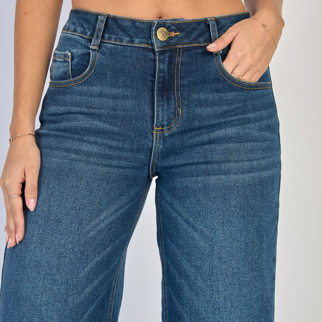 Ref: 552868 Jean dama wide leg tiro alto licrado, color Azul oscuro