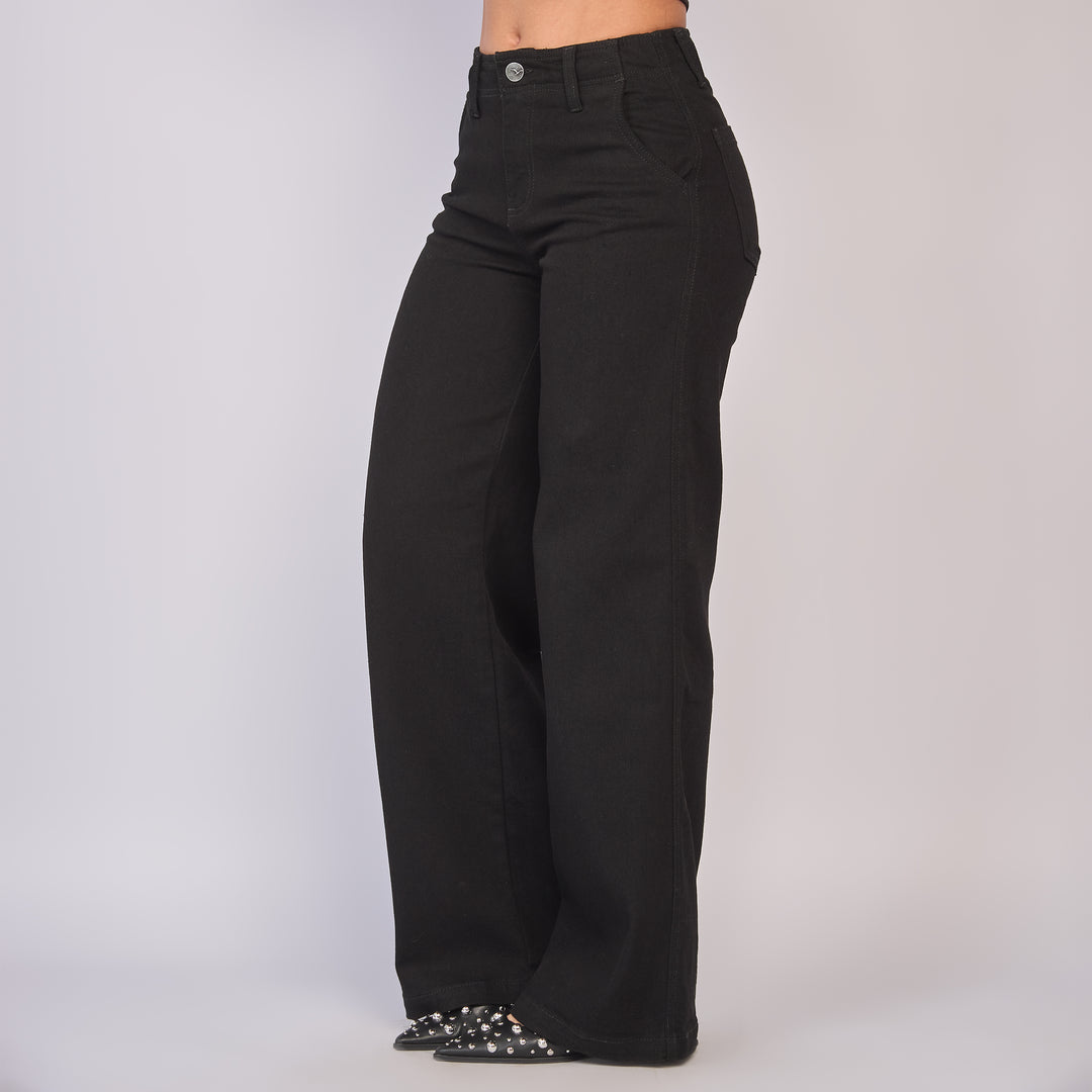 Ref: 552830 Jean dama wide leg tiro alto licrado, color Negro
