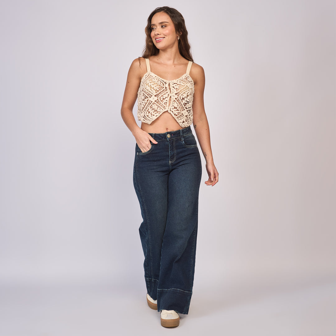 Ref: 552807 Jean dama wide leg tiro alto licrado, color azúl oscuro