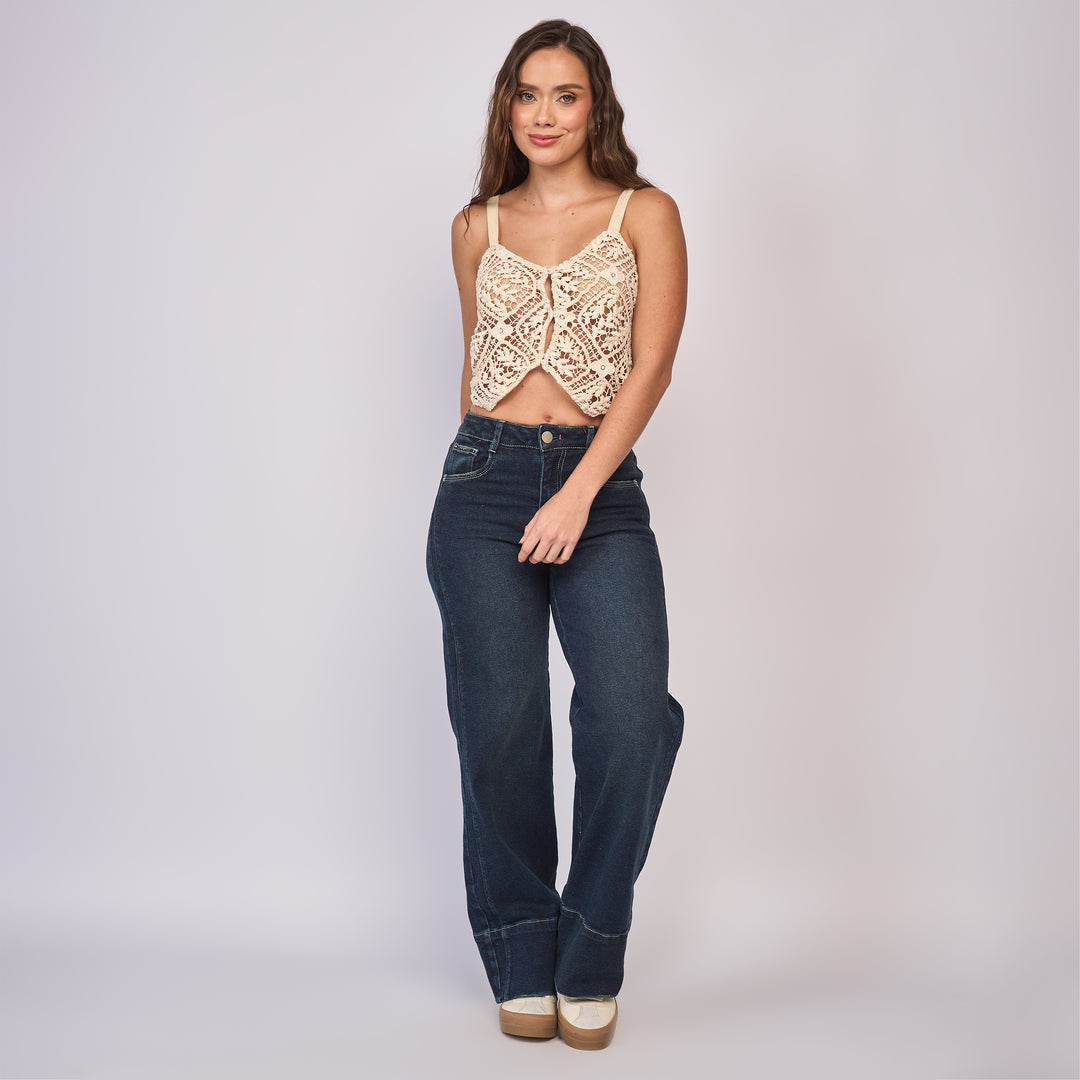 Ref: 552807 Jean dama wide leg tiro alto licrado, color azúl oscuro
