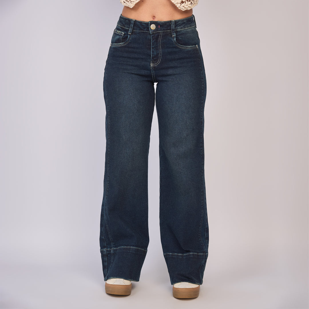 Ref: 552807 Jean dama wide leg tiro alto licrado, color azúl oscuro