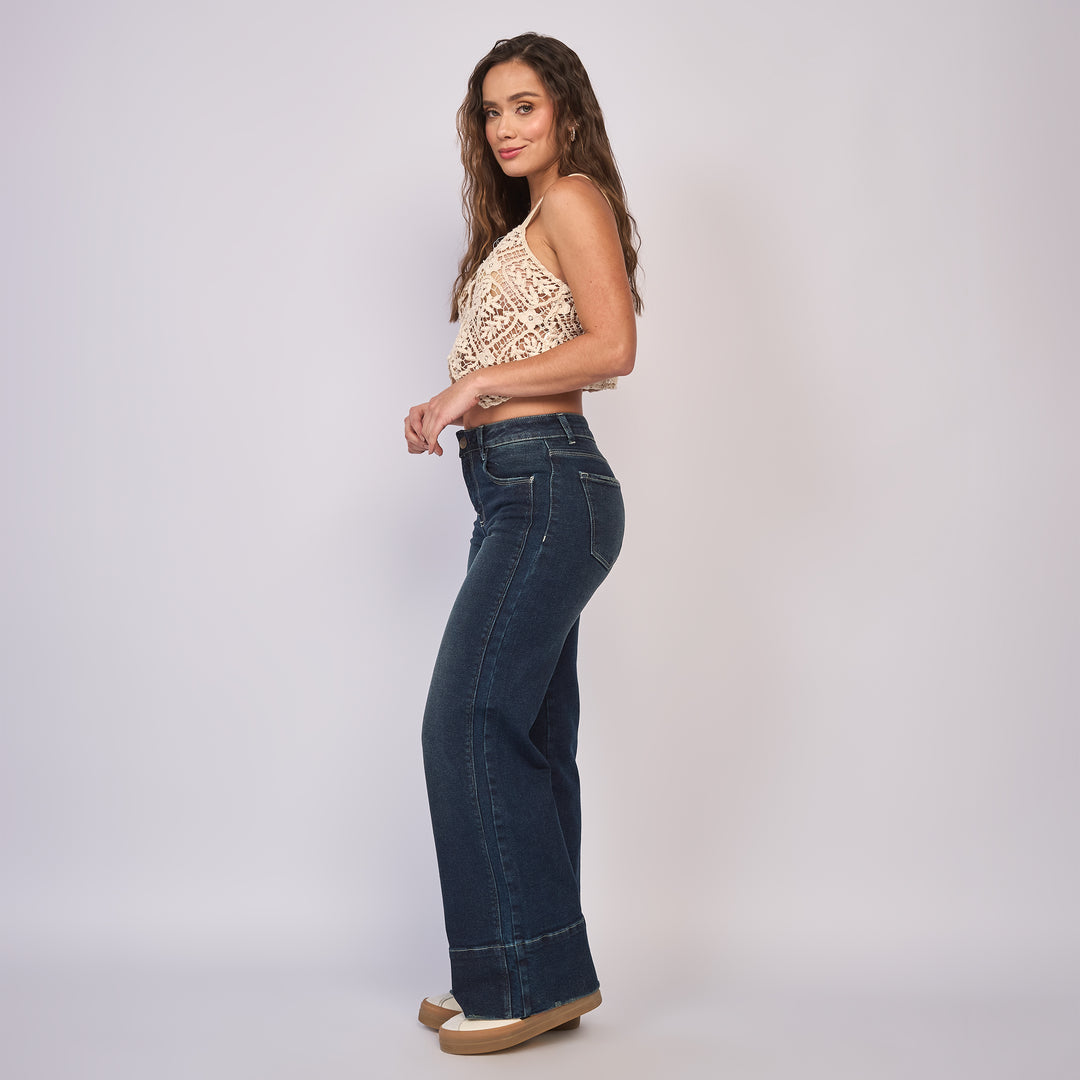 Ref: 552807 Jean dama wide leg tiro alto licrado, color azúl oscuro