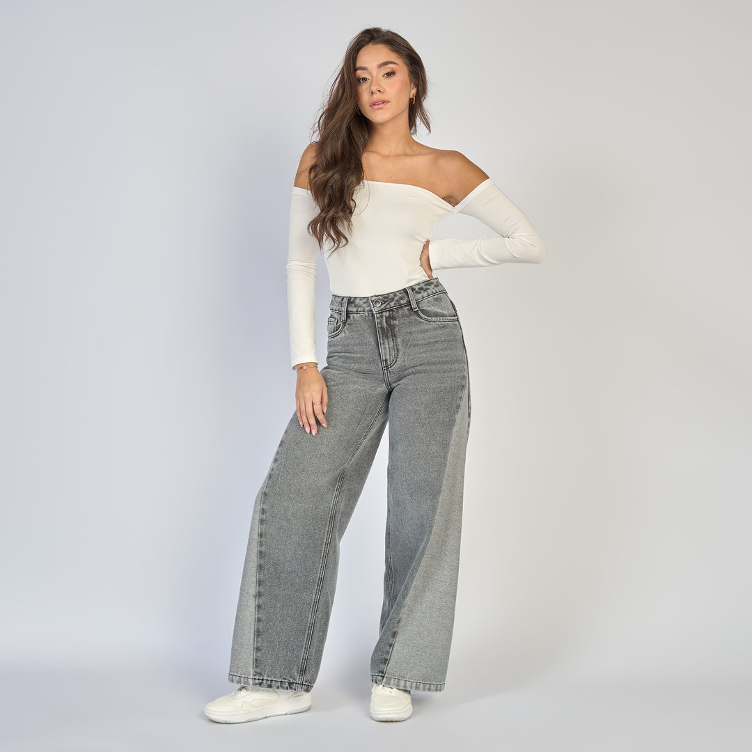 Ref: 552859 Jean dama wide leg tiro alto rígido con bota en contraste color Gris