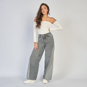 Ref: 552859 Jean dama wide leg tiro alto rígido con bota en contraste color Gris