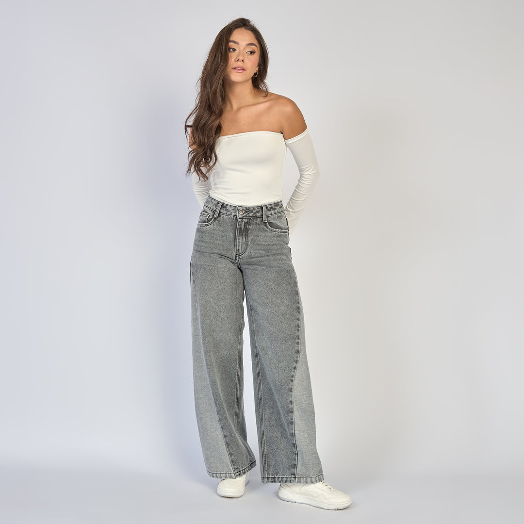 Ref: 552859 Jean dama wide leg tiro alto rígido con bota en contraste color Gris