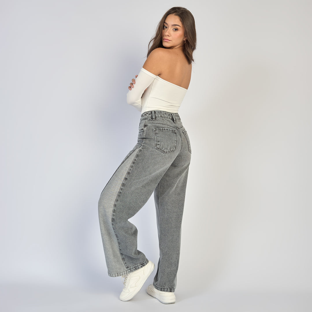 Ref: 552859 Jean dama wide leg tiro alto rígido con bota en contraste color Gris