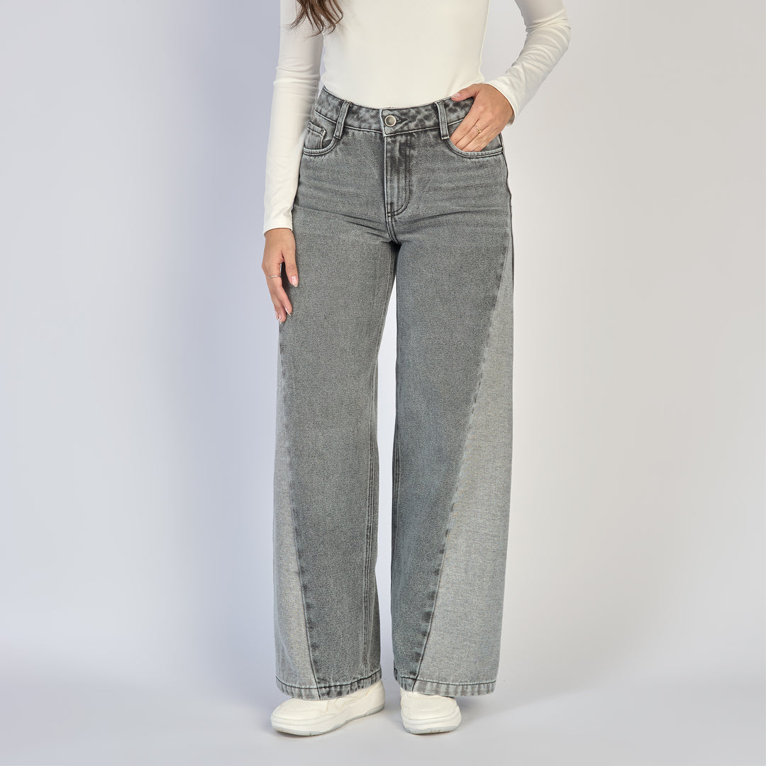 Ref: 552859 Jean dama wide leg tiro alto rígido con bota en contraste color Gris