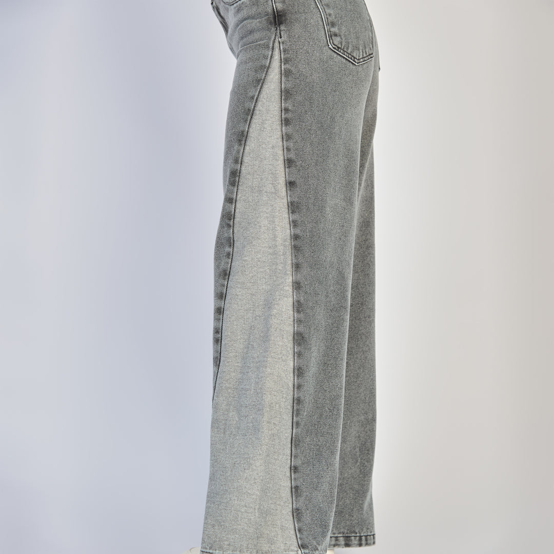 Ref: 552859 Jean dama wide leg tiro alto rígido con bota en contraste color Gris