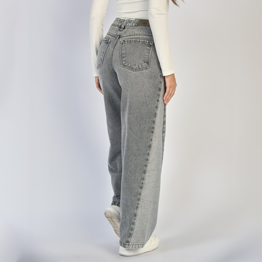 Ref: 552859 Jean dama wide leg tiro alto rígido con bota en contraste color Gris