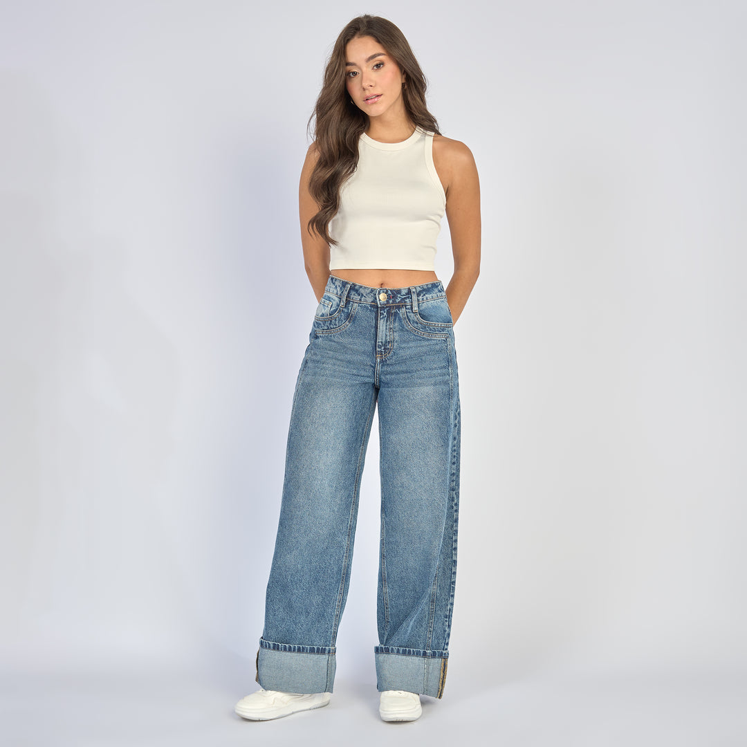 Ref: 552853 Jean wide leg tiro alto rígido con bota doblada fija, color azul medio