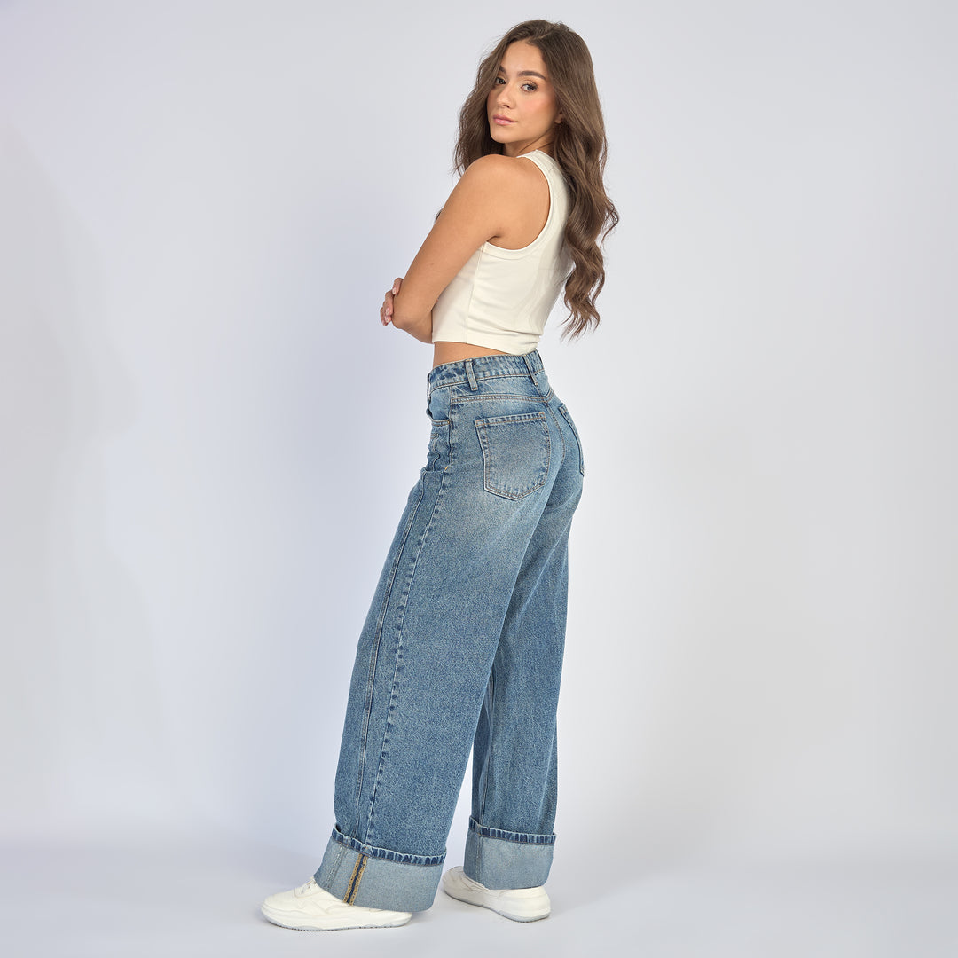 Ref: 552853 Jean wide leg tiro alto rígido con bota doblada fija, color azul medio