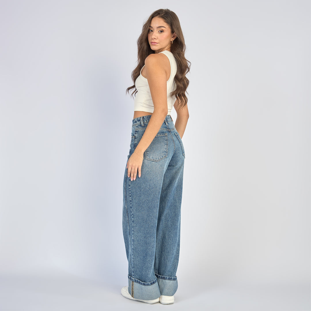 Ref: 552853 Jean wide leg tiro alto rígido con bota doblada fija, color azul medio