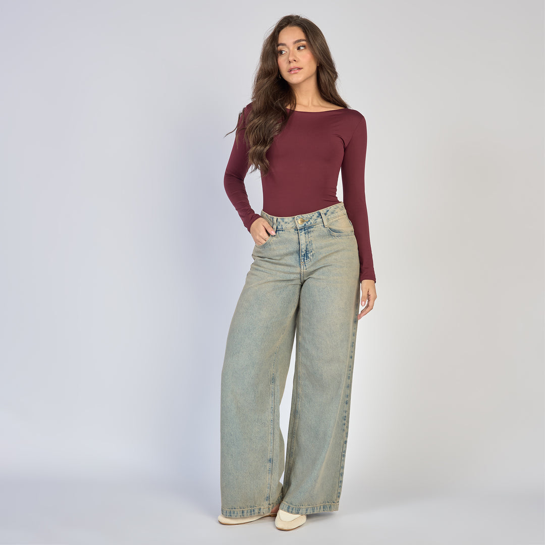 Ref: 552875  Jean dama wide leg tiro alto rígido, color Azul dirty