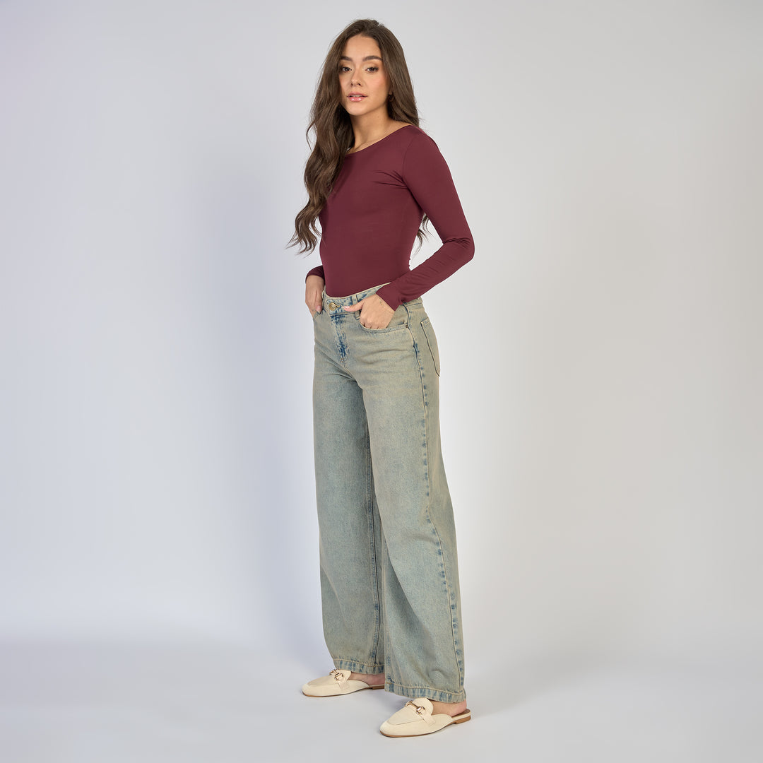 Ref: 552875  Jean dama wide leg tiro alto rígido, color Azul dirty