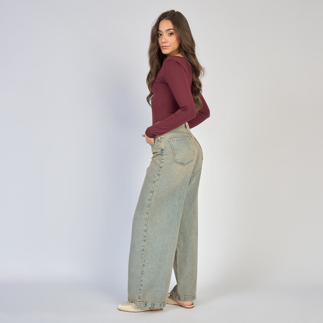 Ref: 552875  Jean dama wide leg tiro alto rígido, color Azul dirty