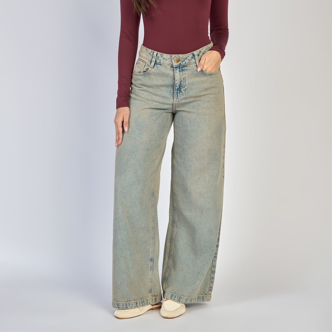 Ref: 552875  Jean dama wide leg tiro alto rígido, color Azul dirty