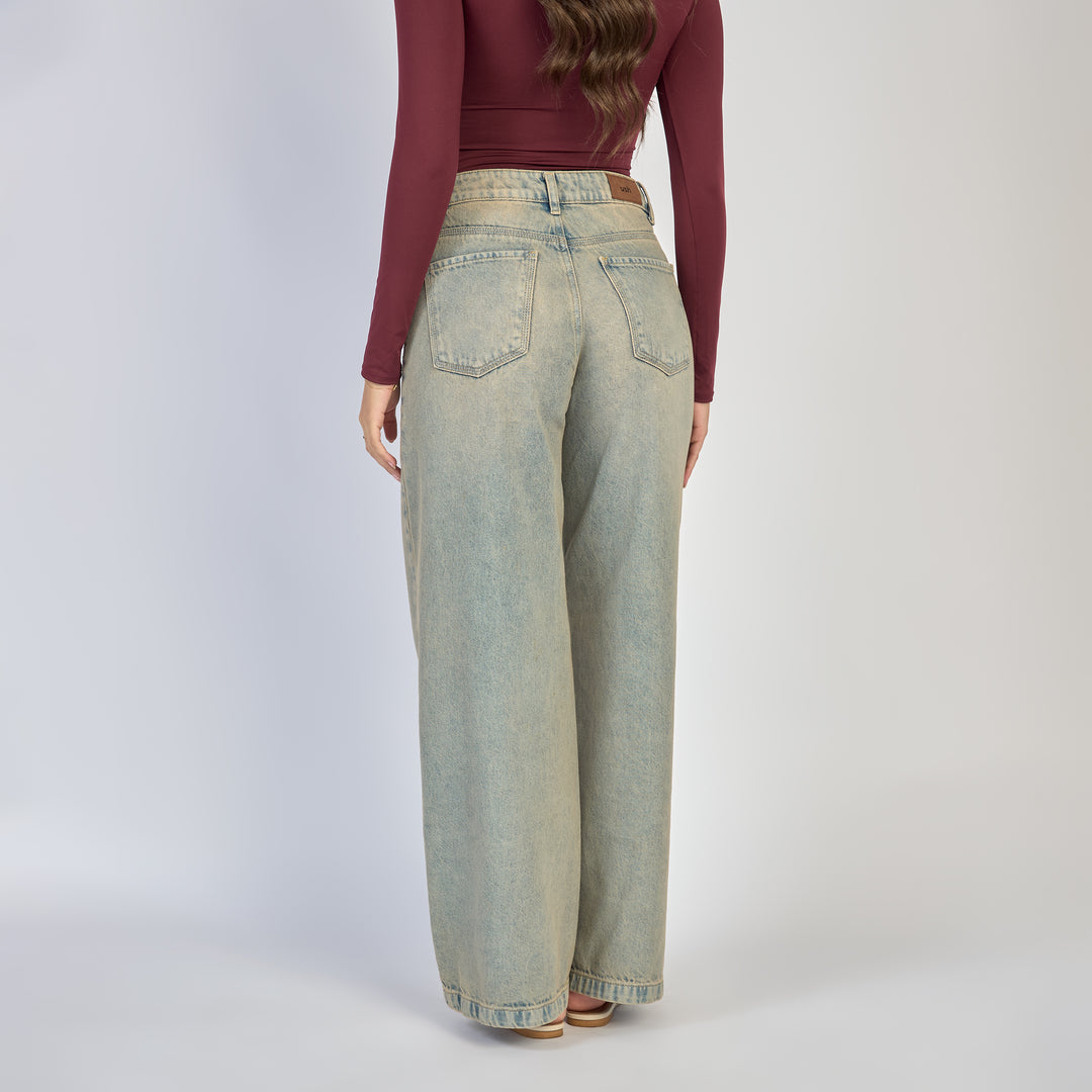Ref: 552875  Jean dama wide leg tiro alto rígido, color Azul dirty