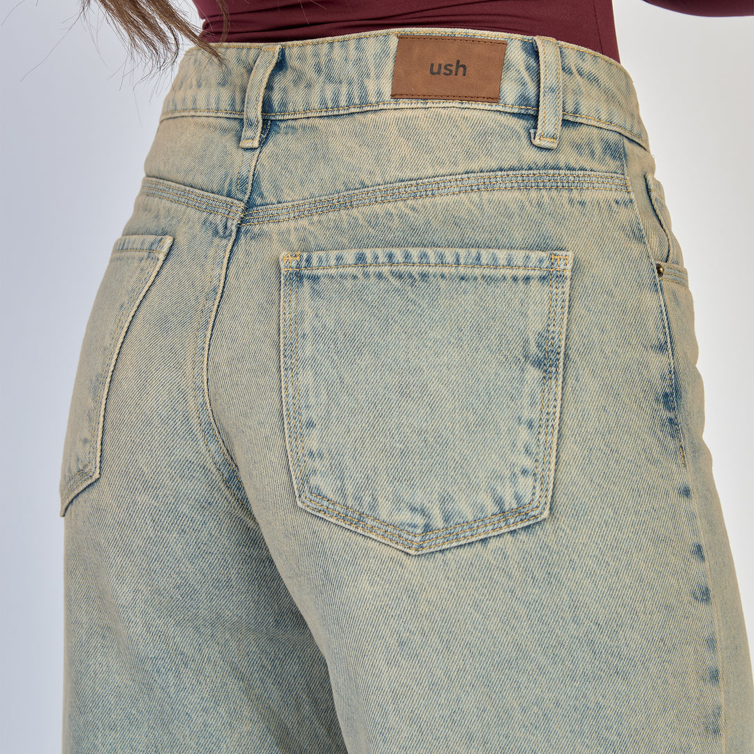 Ref: 552875  Jean dama wide leg tiro alto rígido, color Azul dirty