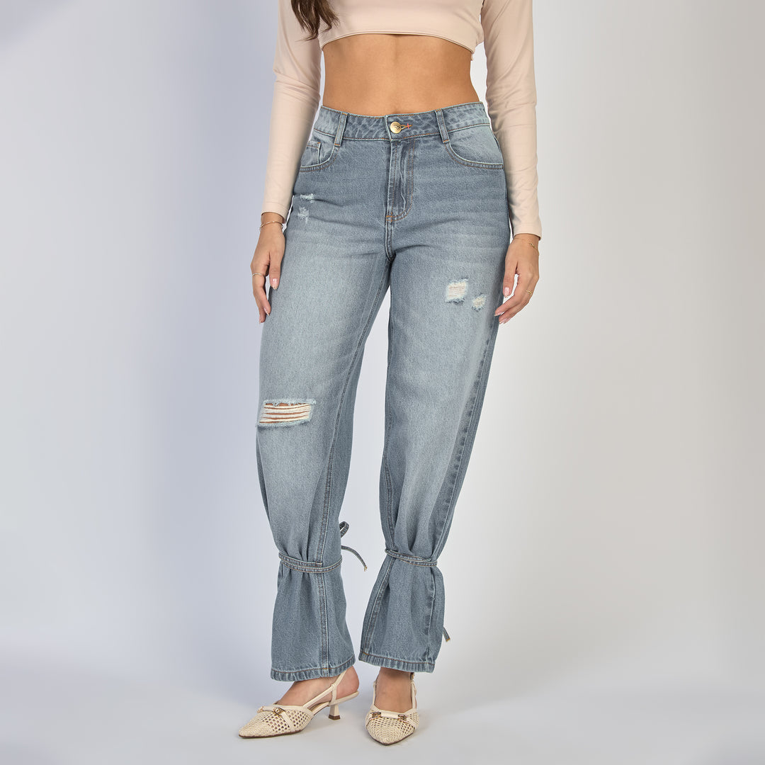 REF: 552862 Jean dama straight tiro alto rígido con detalle de amarre, color Azul dirty