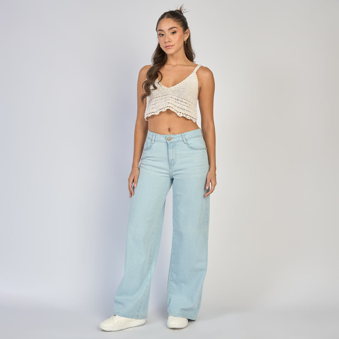 Ref: 552870 Jean dama wide leg tiro alto rígido, color Azul claro