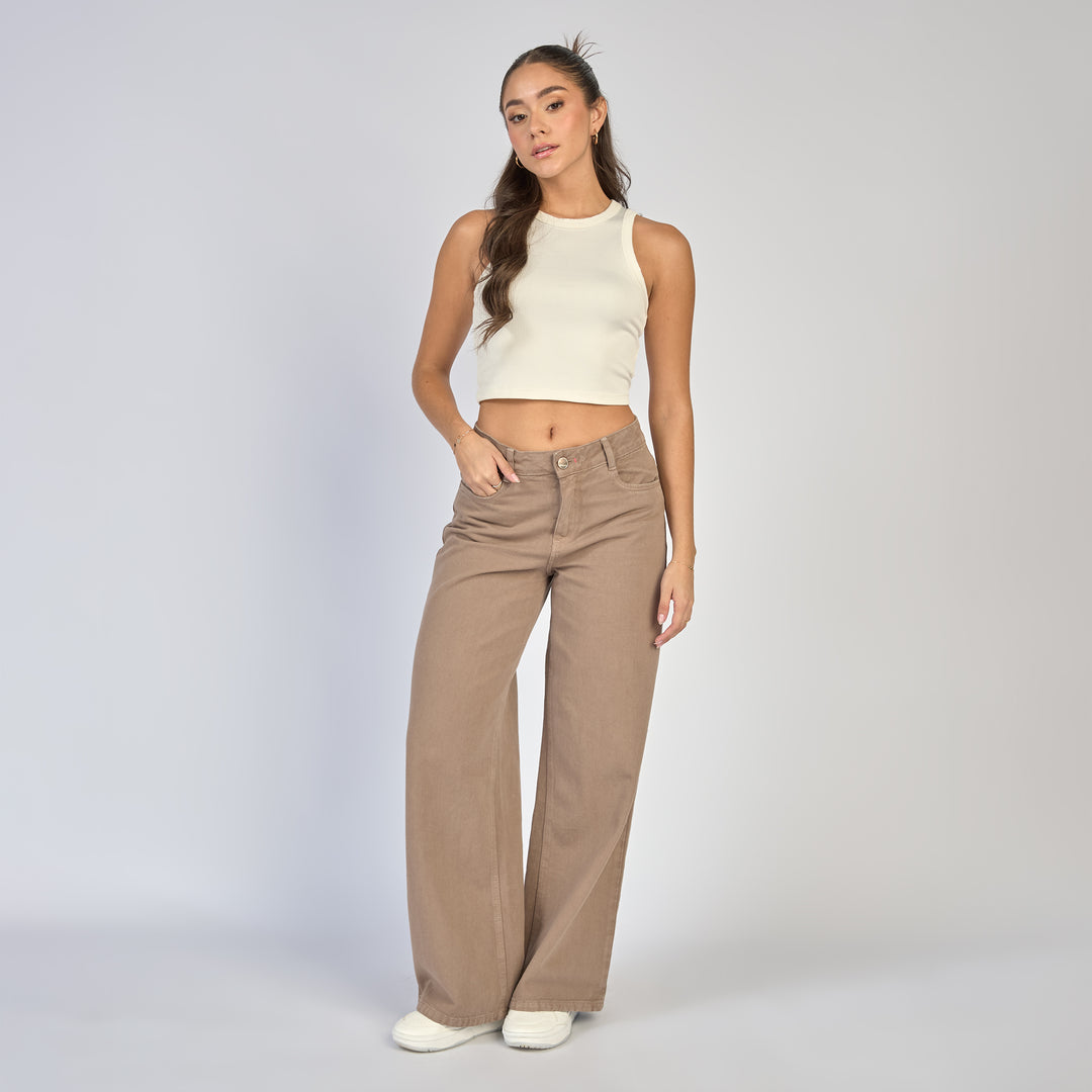 Ref: 552874 Jean dama wide leg tiro alto rígido. color Almendra