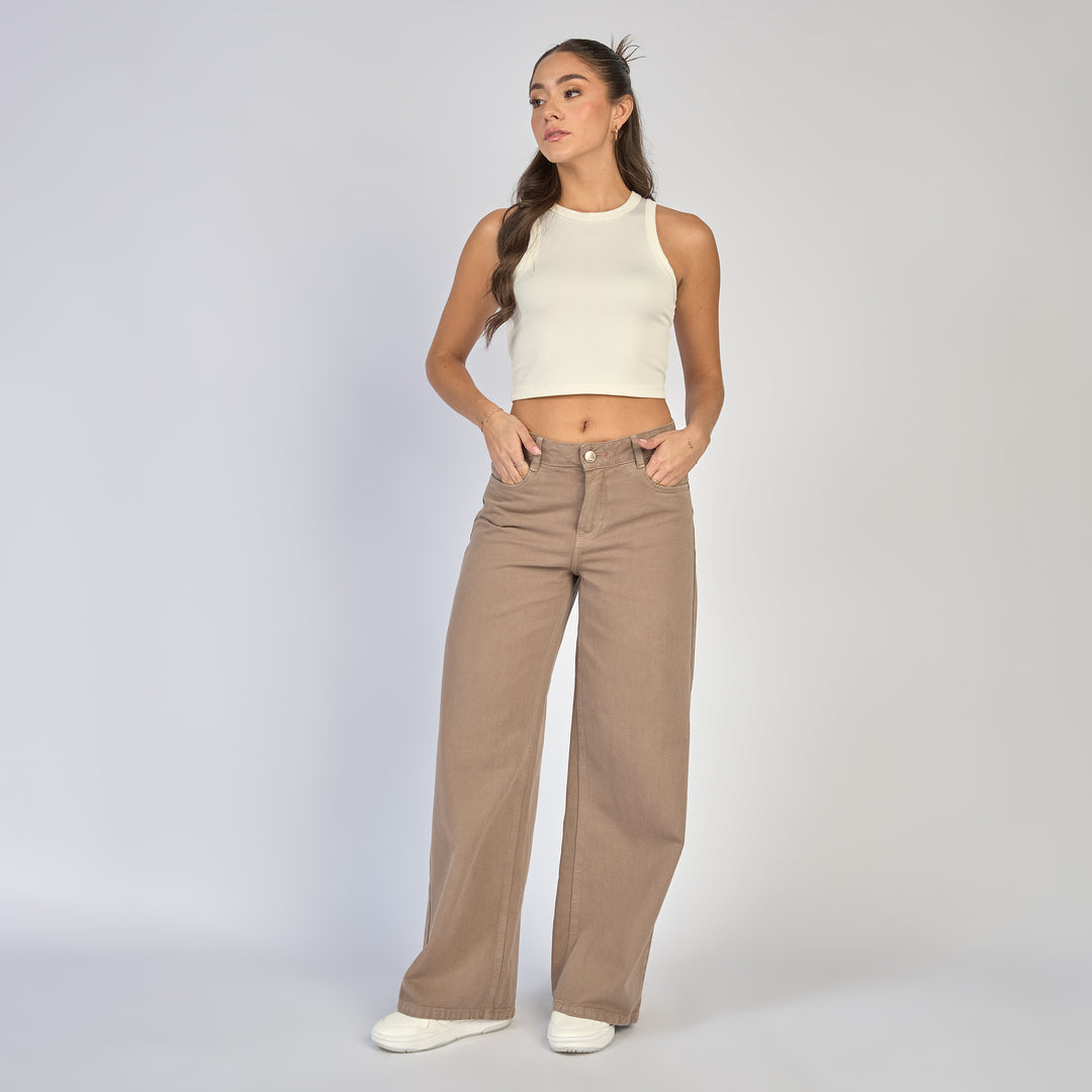 Ref: 552874 Jean dama wide leg tiro alto rígido. color Almendra